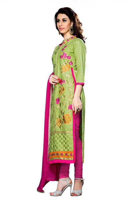 Light Green Cotton Embroidered Straight Suit Material only in Bigswipe