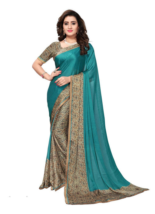 Peacock Green, Beige, Brown Color  Satin Saree only in Bigswipe