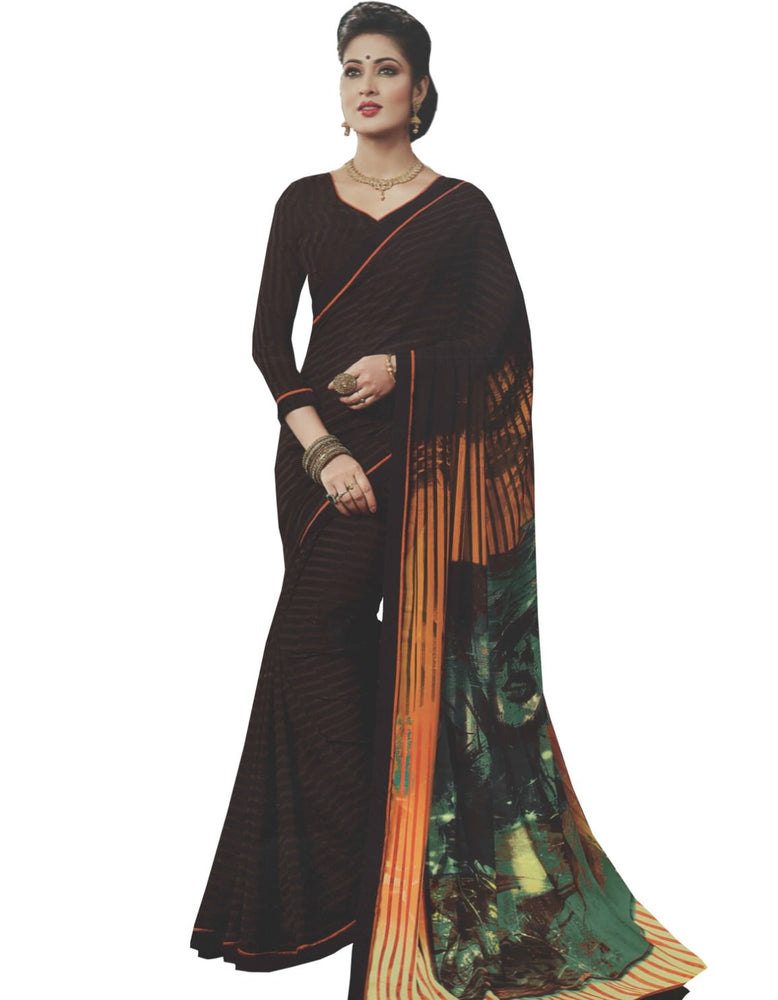 Georgette Digital Saree With Blouse-Dark Brown Color Saree only in Bigswipe