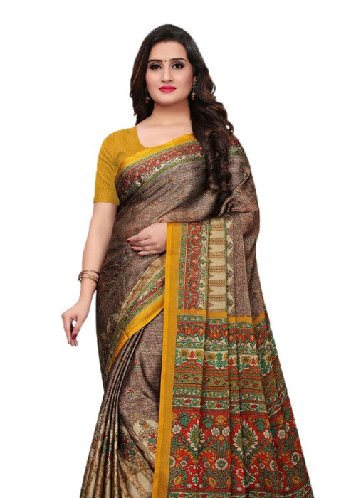 Brown, Yellow, Multi Color Shimmer Printed Work Saree only in Bigswipe