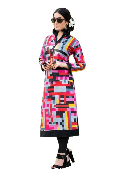 Multicolor Cotton Printed Chinese Collar Long Kurti only in Bigswipe