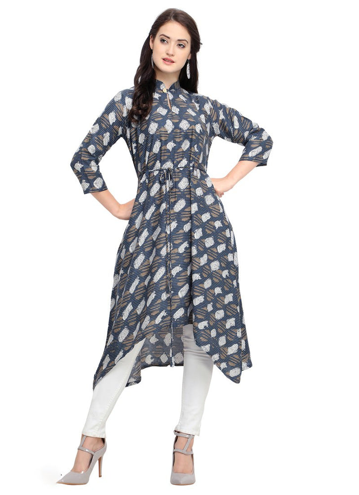 Blue, Off White Color Printed Rayon Kurti only in Bigswipe