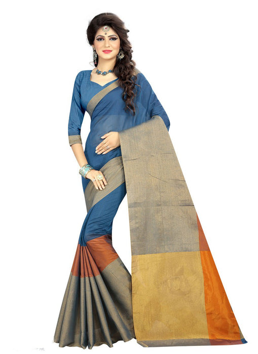 Blue, Orange, Golden Color Chanderi Silk Saree only in Bigswipe