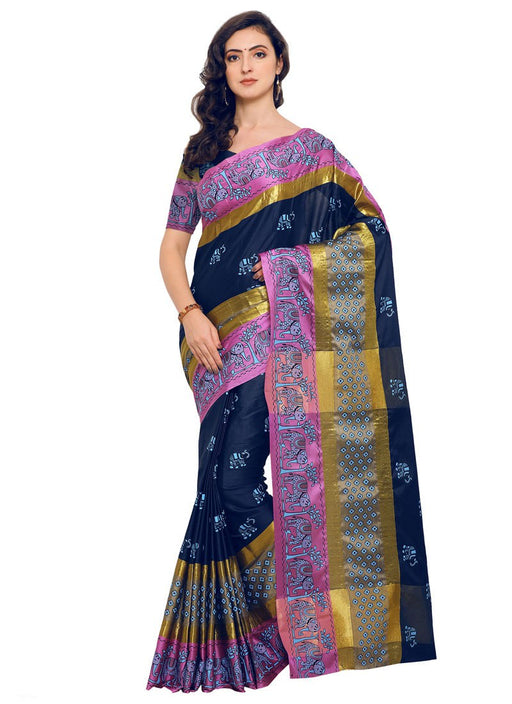 Navy Blue, Multi Color Poly Silk Saree only in Bigswipe