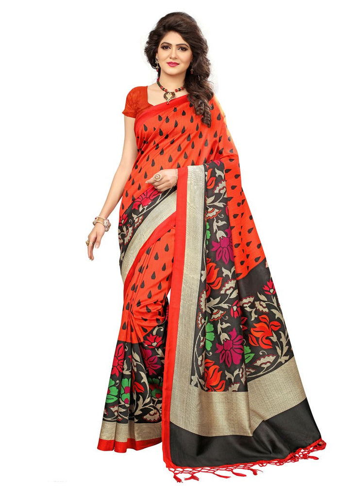 Orange, Multi Color Poly Silk Saree only in Bigswipe