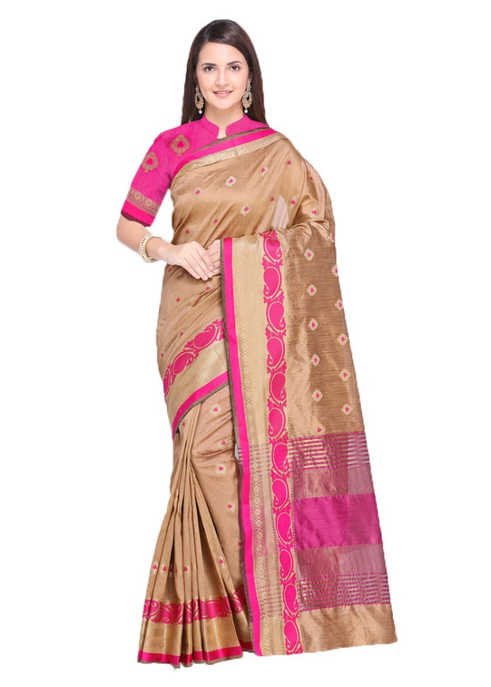 Beige Color Tussar Silk (Poly Silk) Jacquard Work Saree only in Bigswipe