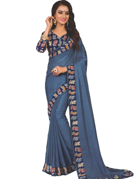 Designer Printed Saree With Blouse Dark Blue Color only in Bigswipe