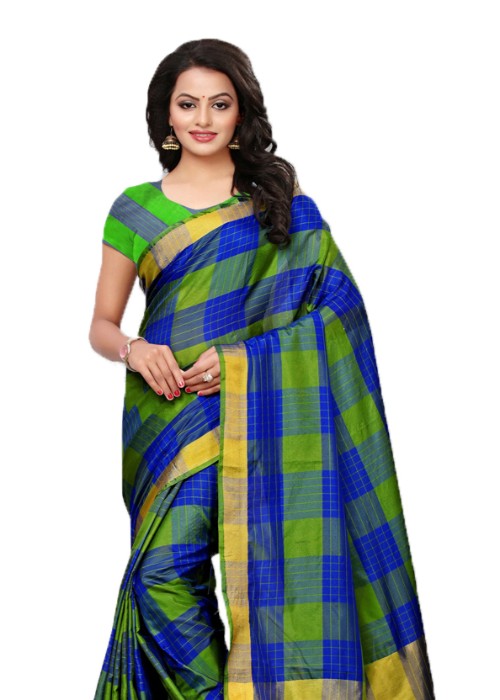 Green, Blue Color Poly Silk Woven Checks Work Saree only in Bigswipe