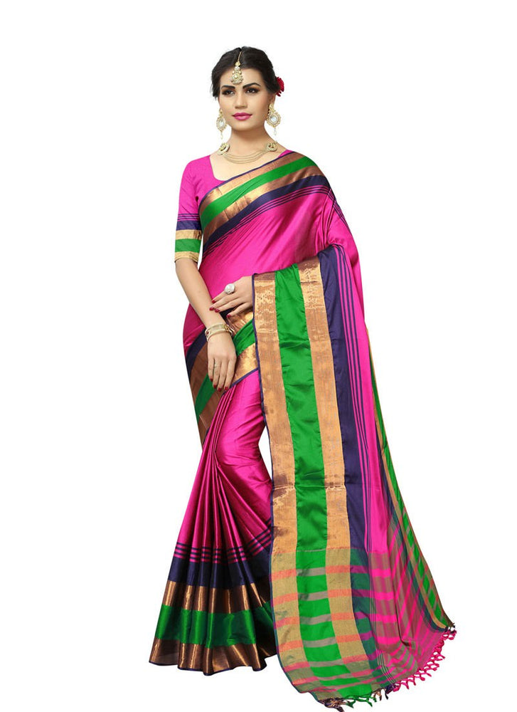 Magenta, Green, Navy Blue Color  Poly Silk Saree only in Bigswipe