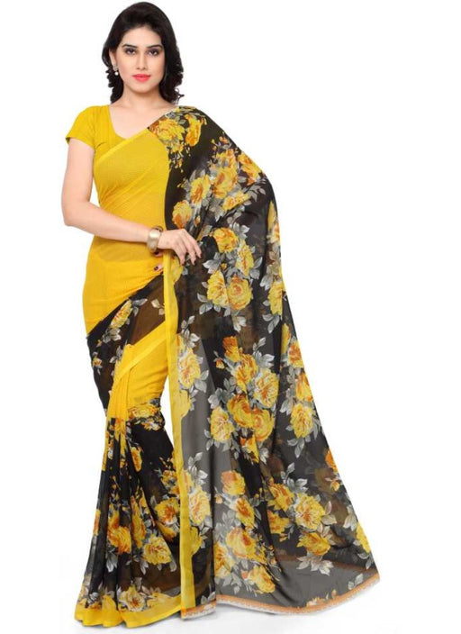 Printed Faux Georgette Yellow Color Saree only in Bigswipe
