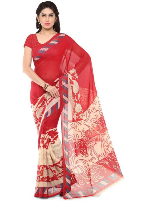 Printed Faux Georgette Red Color Saree only in Bigswipe