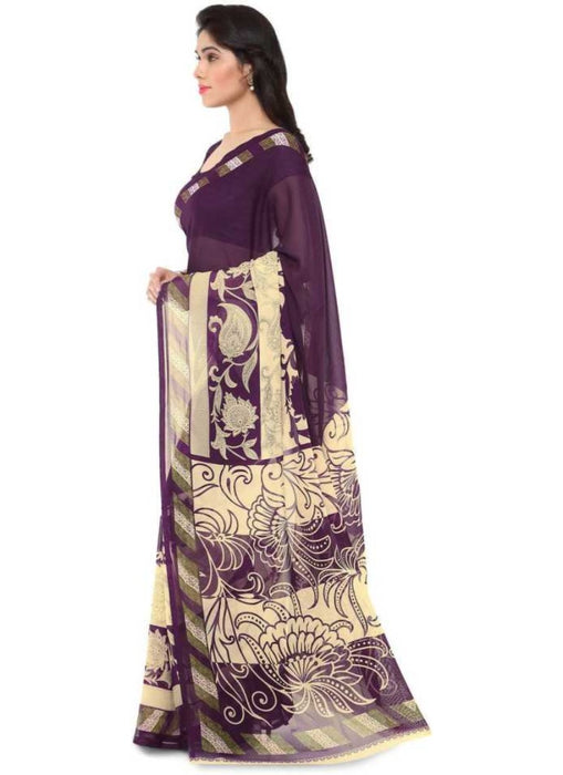 Printed Faux Georgette Wine Color Saree only in Bigswipe