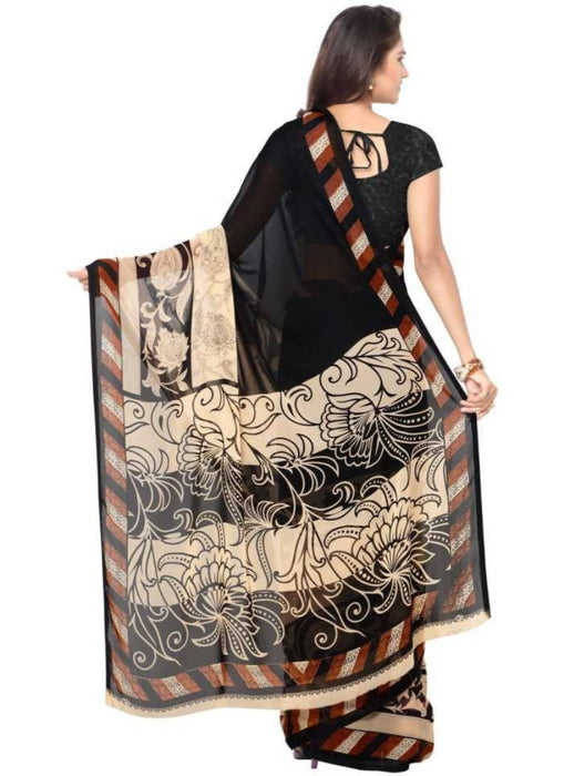 Printed Faux Georgette Black Color Saree only in Bigswipe