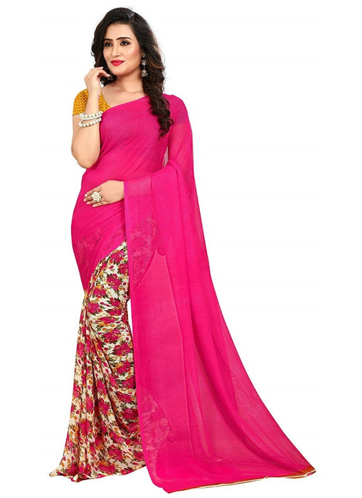 Printed Faux Georgette Pink Color Saree only in Bigswipe