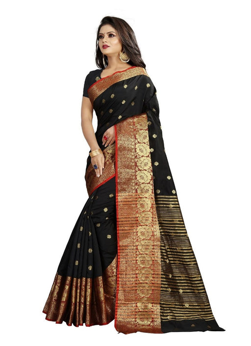 Black Color Printed Cotton Silk Saree With Blouse only in Bigswipe