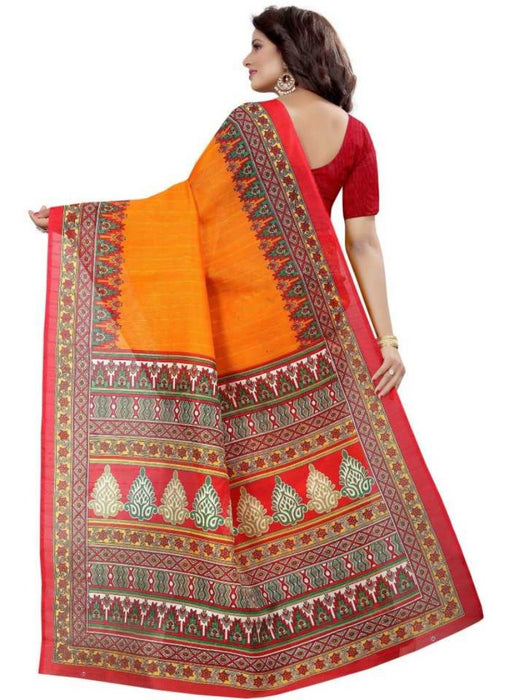 Yellow And Red Color Printed Bhagalpuri Silk Saree With Blouse