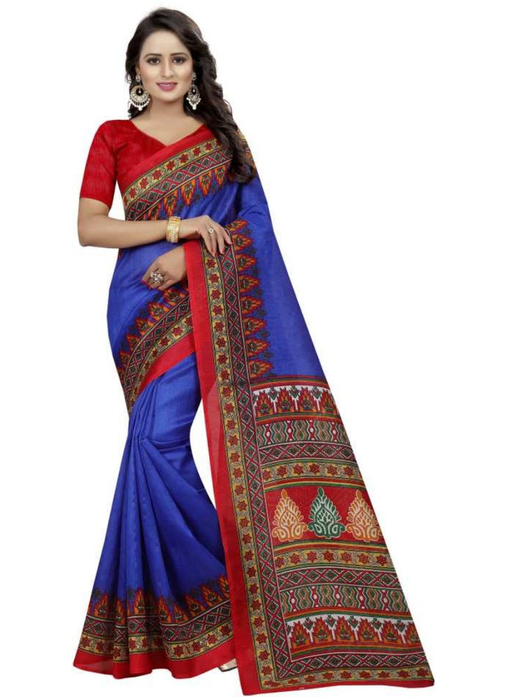 Blue And Red Color Printed Bhagalpuri Silk Saree With Blouse only in Bigswipe