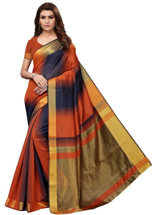 Orange And Navy Blue Color Printed Cotton Silk Saree With Blouse only in Bigswipe