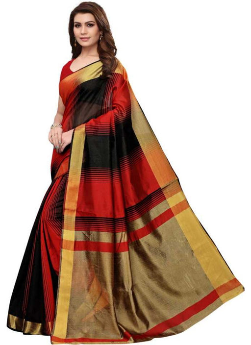 Black And Red Color Printed Cotton Silk Saree With Blouse only in Bigswipe