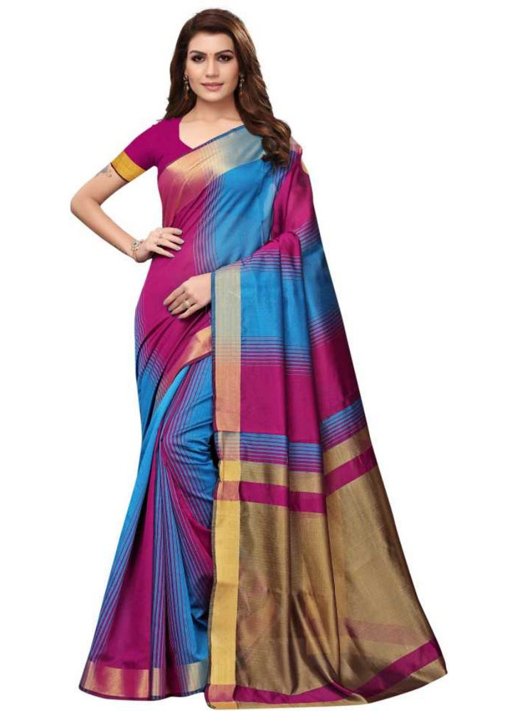 Pink And Blue Color Printed Cotton Silk Saree With Blouse only in Bigswipe