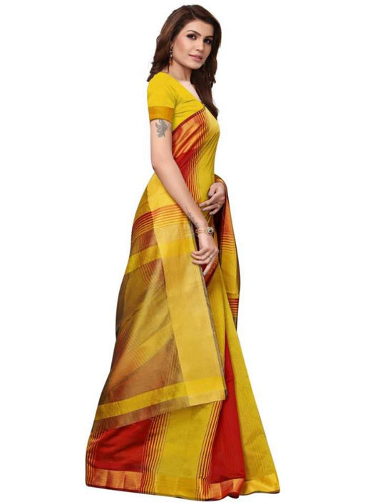 Yellow And Red Color Printed Cotton Silk Saree With Blouse