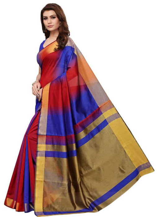 Blue And Red Color Printed Cotton Silk Saree With Blouse only in Bigswipe