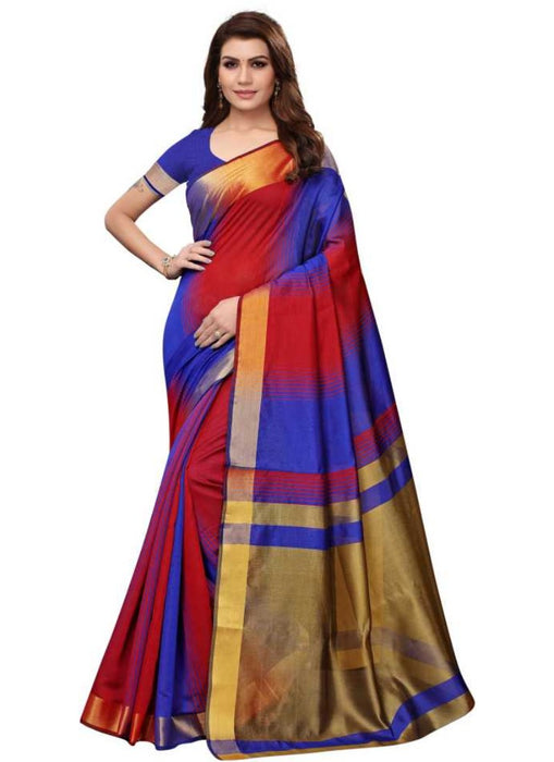 Blue And Red Color Printed Cotton Silk Saree With Blouse only in Bigswipe