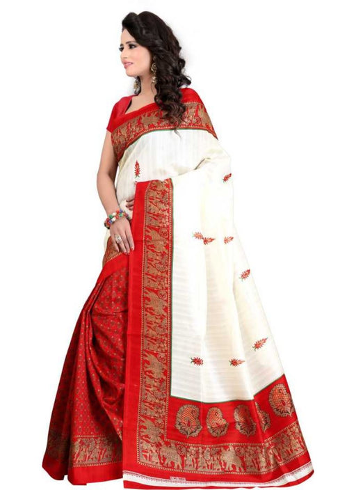 White And Red Color Printed Bhagalpuri Silk Saree With Blouse