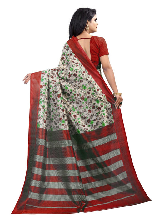 Red And White Color Printed Art Silk Saree With Blouse