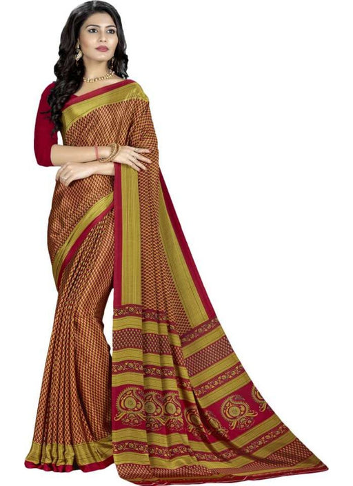 Gold And Red Color Printed Silk Crepe Saree With Blouse only in Bigswipe