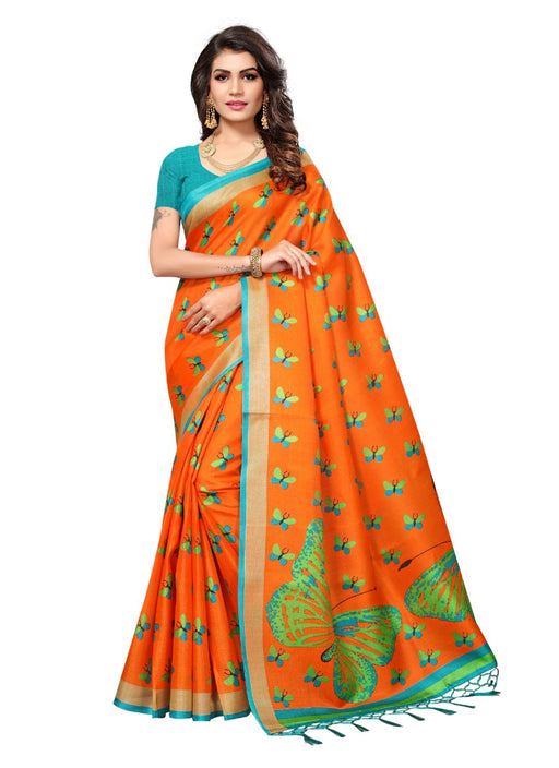 Orange Color Printed Khadi Silk Jhalor Saree With Blouse only in Bigswipe