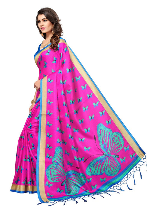 Rose Color Printed Khadi Silk Jhalor Saree With Blouse