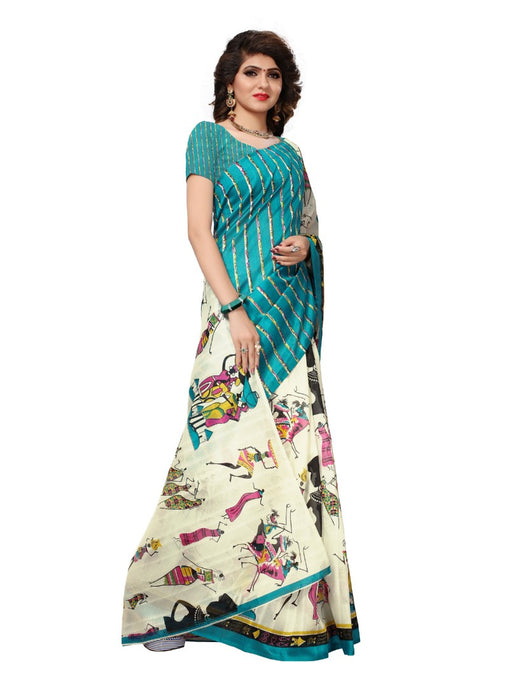 Blue Color Printed Bhagalpuri Silk Saree With Blouse only in Bigswipe