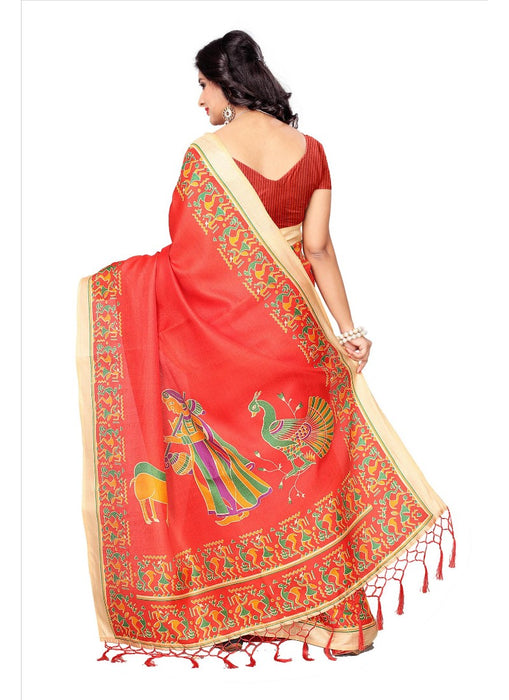 Red Color Printed Khadi Silk Jhalor Saree With Blouse