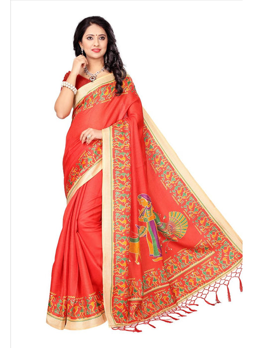 Red Color Printed Khadi Silk Jhalor Saree With Blouse