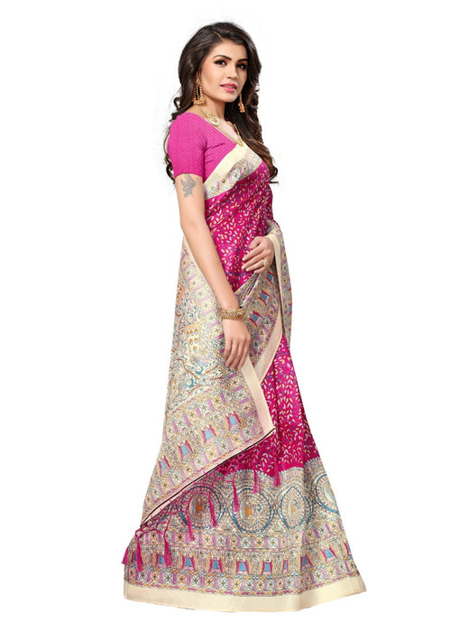 Rose Color Printed Khadi Silk Jhalor Saree With Blouse