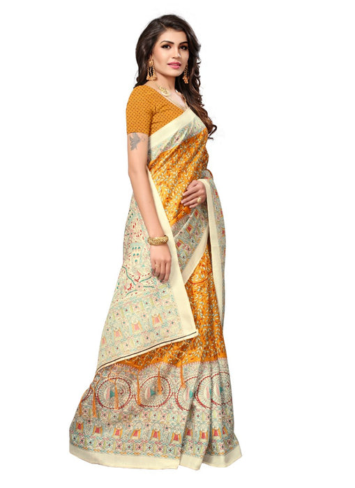 Golden Color Printed Khadi Silk Jhalor Saree With Blouse only in Bigswipe