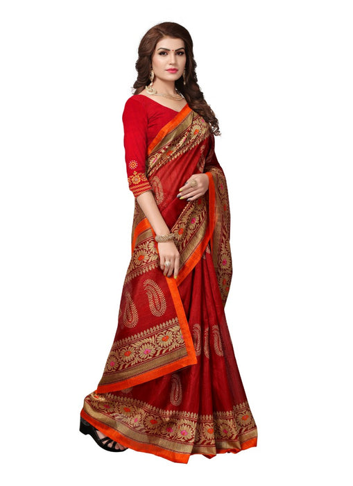 Red Color Printed Bhagalpuri Silk Saree With Blouse