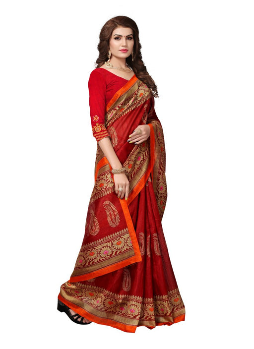 Red Color Printed Bhagalpuri Silk Saree With Blouse