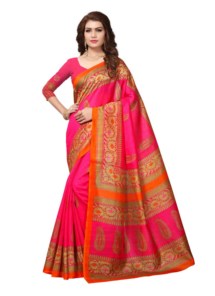 Pink Color Printed Bhagalpuri Silk Saree With Blouse only in Bigswipe