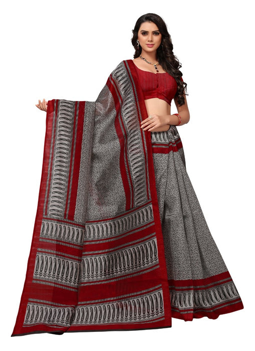 Maroon and grey Color Printed Bhagalpuri Silk Saree With Blouse only in Bigswipe