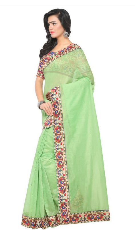 Light Green Color Printed Chanderi Saree With Blouse only in Bigswipe