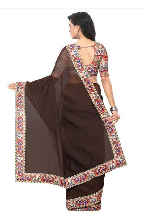 Brown Color Printed Chanderi Saree With Blouse only in Bigswipe