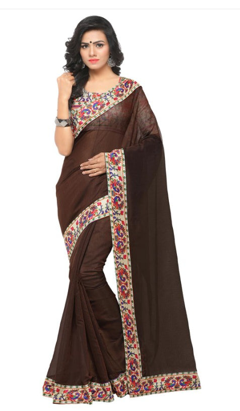 Brown Color Printed Chanderi Saree With Blouse only in Bigswipe