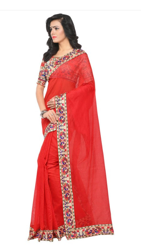 Red Color Printed Chanderi Saree With Blouse