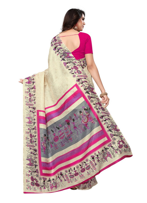 Offwhite and pink Color Printed Khadi Silk Saree With Blouse only in Bigswipe