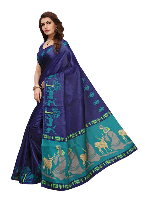 Blue Color Printed Khadi Silk Saree With Blouse only in Bigswipe