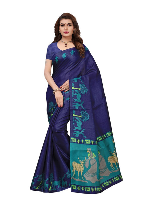 Blue Color Printed Khadi Silk Saree With Blouse only in Bigswipe