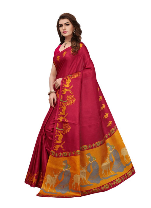 Red Color Printed Khadi Silk Saree With Blouse