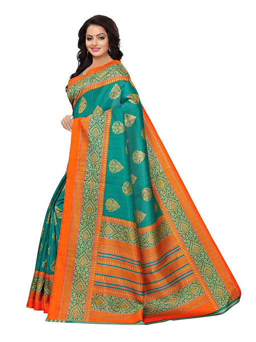 Turquoise, Multi Color Poly Silk Saree